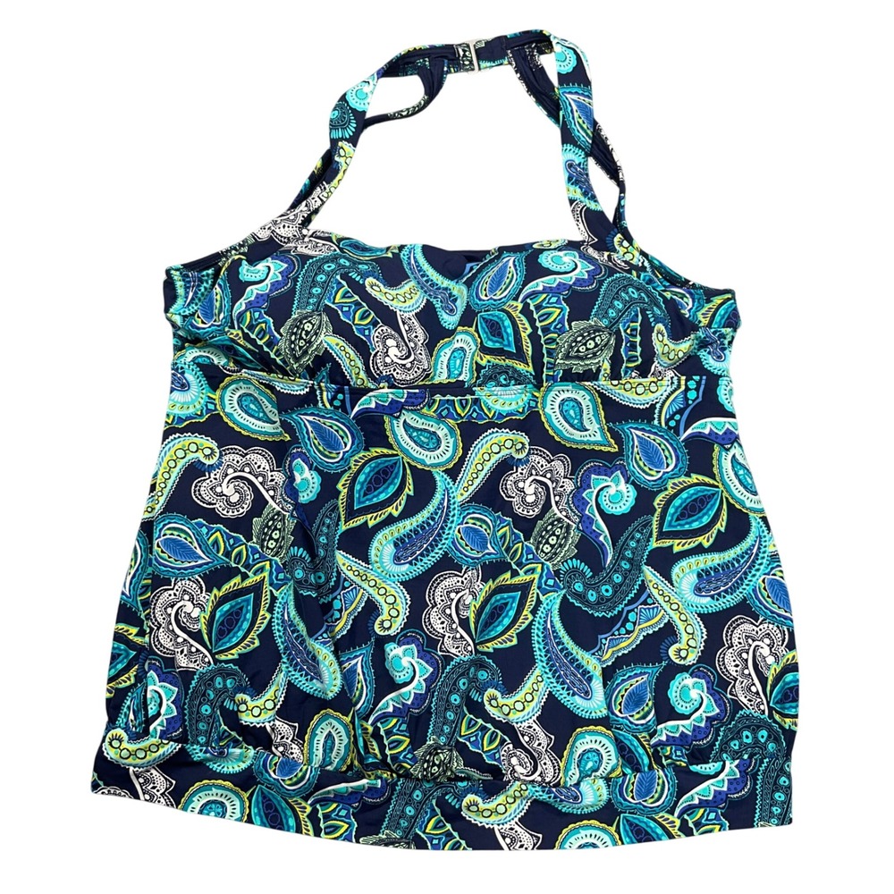 Lands End Tankini Top Women 18‎ Navy Paisley Blouson Halter Swimwear Boho Modest